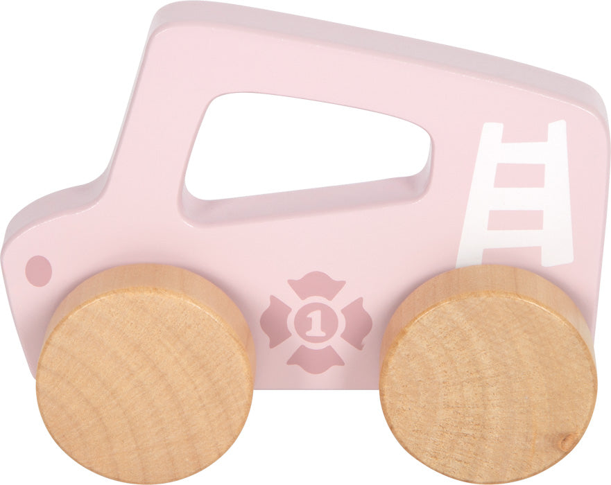 Schiebeauto rosa aus Holz mit naturfarbenen Rädern und ergonomischem Griff für Babys.