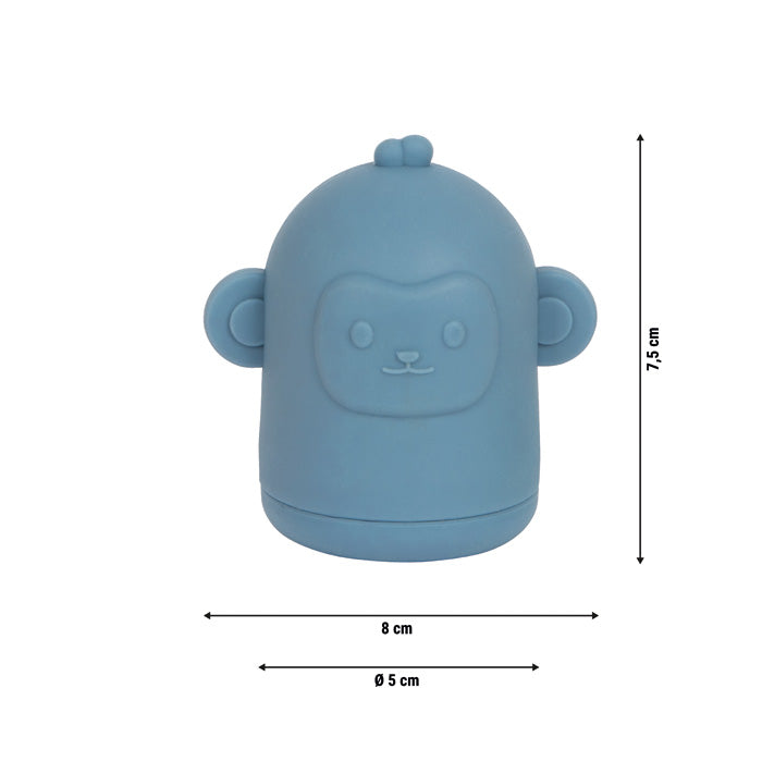 Size comparison of the Small Foot silicone bath toy set with monkey and measurements.