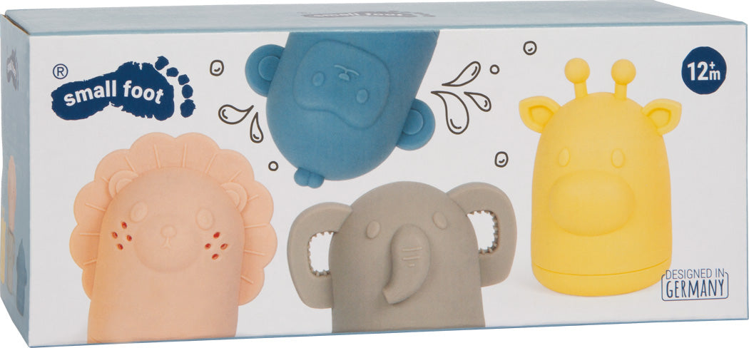 Original packaging of the Small Foot silicone bath toy set with four squirt animals made of BPA-free silicone.