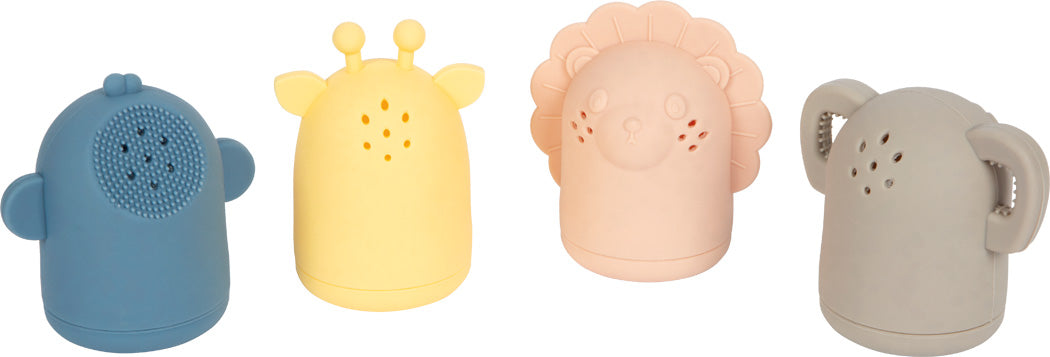 Rear view of the silicone squirting animals with water openings and different animal motifs for bath and water fun.
