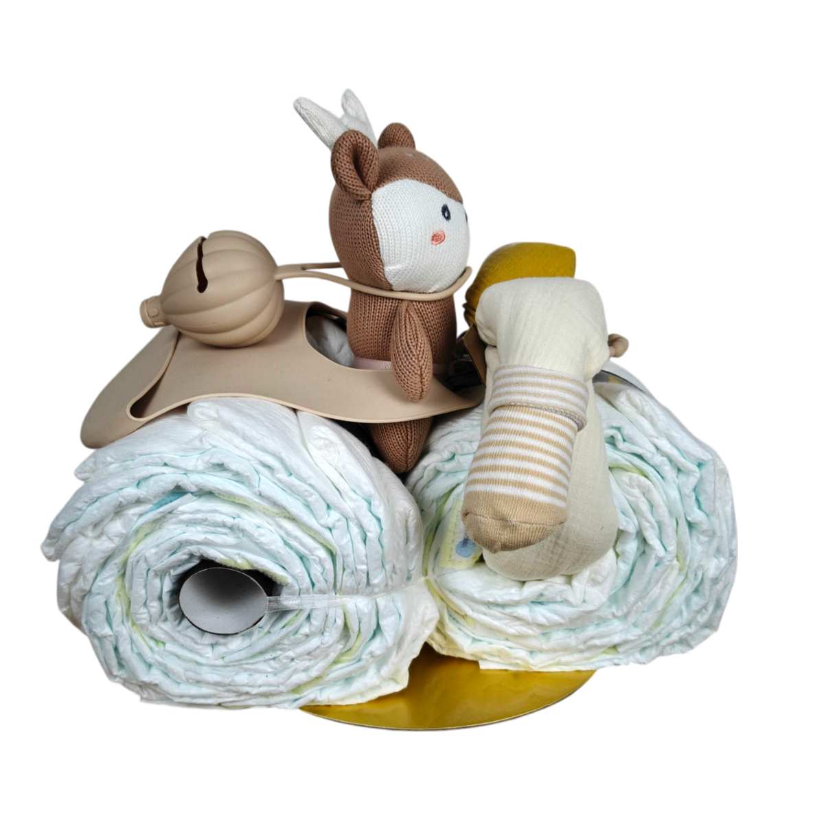 Das Hello World Windelgeschenk Dreirad (44x30cm) ist ein Windelgeschenk in Dreiradform mit aufgerollten Windeln, plüschigem Hirsch, Babyflasche und weichen Kleidern-ein originelles Geschenk zur Geburt oder Babyparty!.