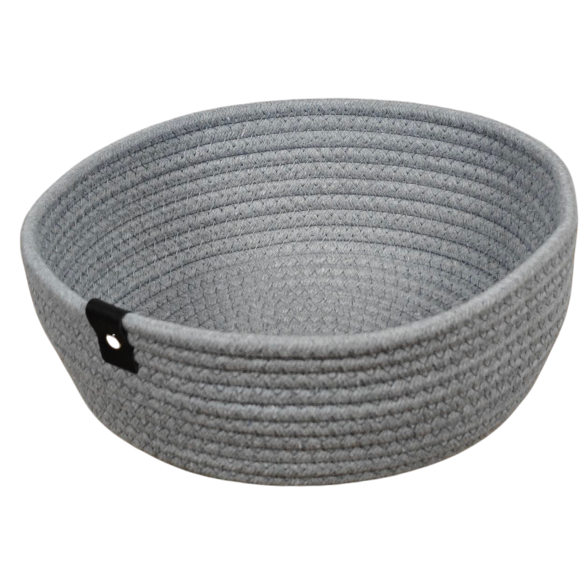 Das Hello World Windelgeschenk Körbchen (32x28cm) ist ein runder, grau geflochtener Korb mit strukturierter Oberfläche und schwarzem Anhänger, perfekt als Windeltorte oder Babygeschenk, abgebildet auf weißem Hintergrund.