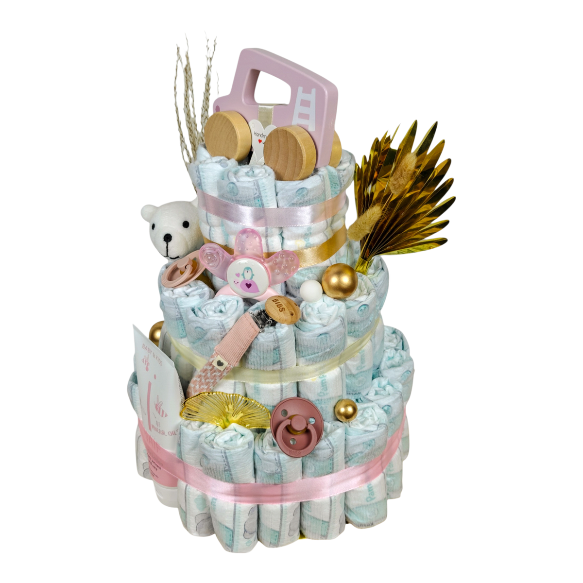 Windeltorte Aurelia für Mädchen mit Pampers Windeln, rosa Schiebeauto, BIBS Babyprodukten und NAÏF Bodylotion