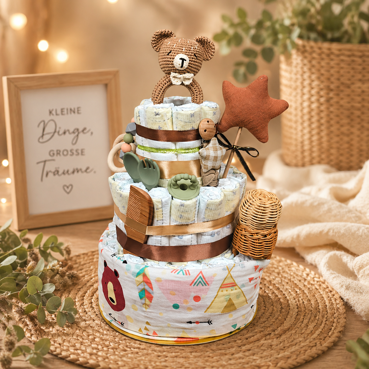 Windeltorte Bärencamp mit Bärenmotiv, Kuscheltier und Babyaccessoires