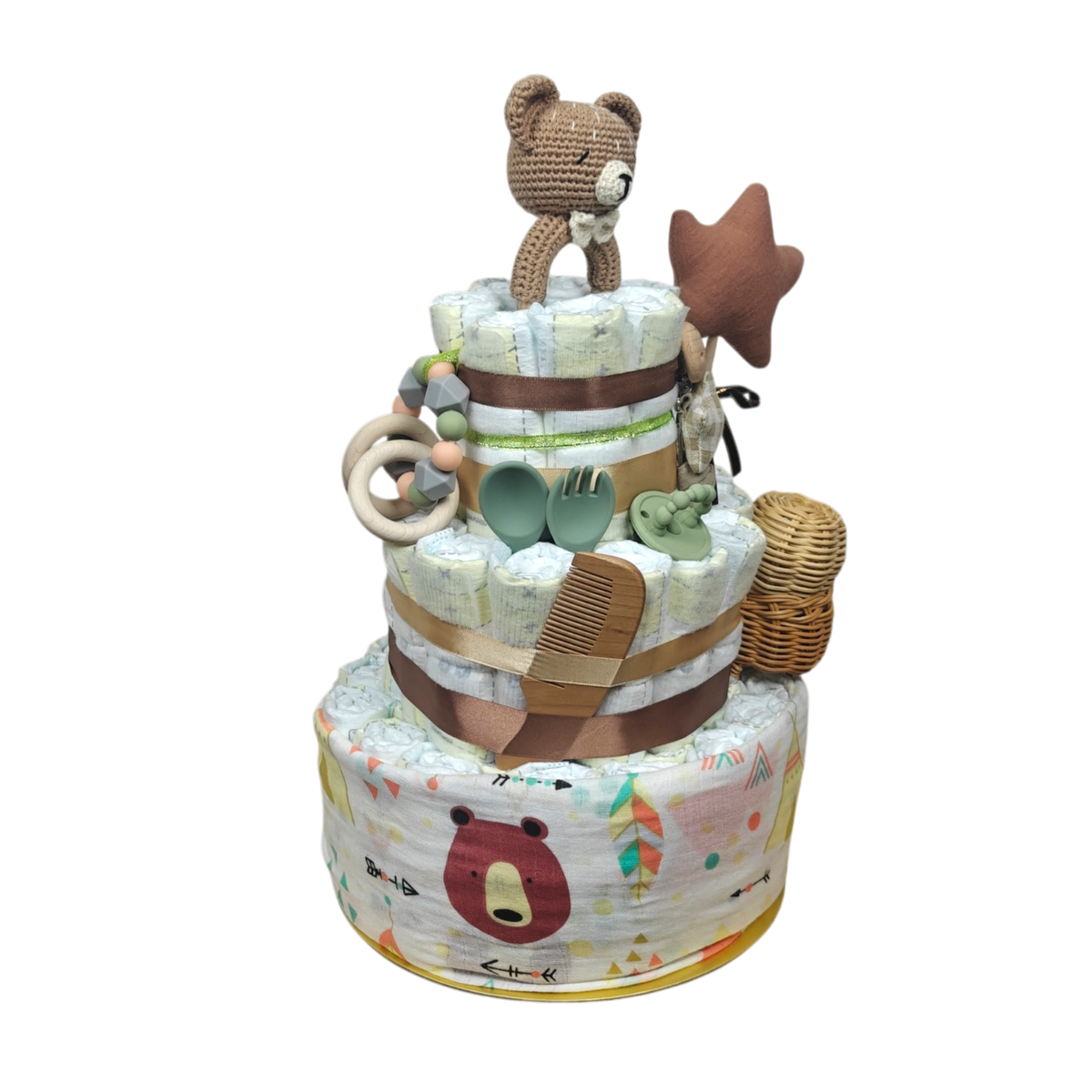 Windeltorte mit Babyzubehör, perfekt als Geschenk zur Geburt