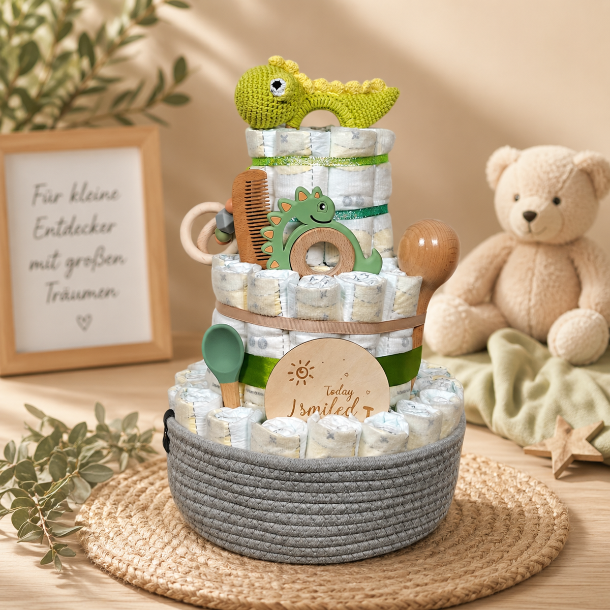 Grüne Windeltorte Dino im verspielten Design mit Plüschtier und liebevollen Babyartikeln