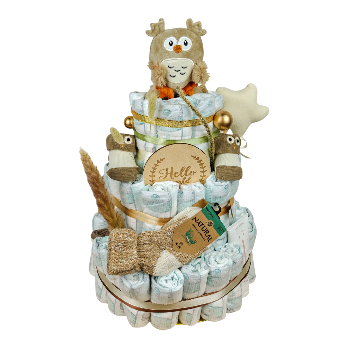 Windeltorte Filmore mit 60 Pampers, Eulen-Rassel, Babysocken, Wollsocken und NAÏF Windelcreme