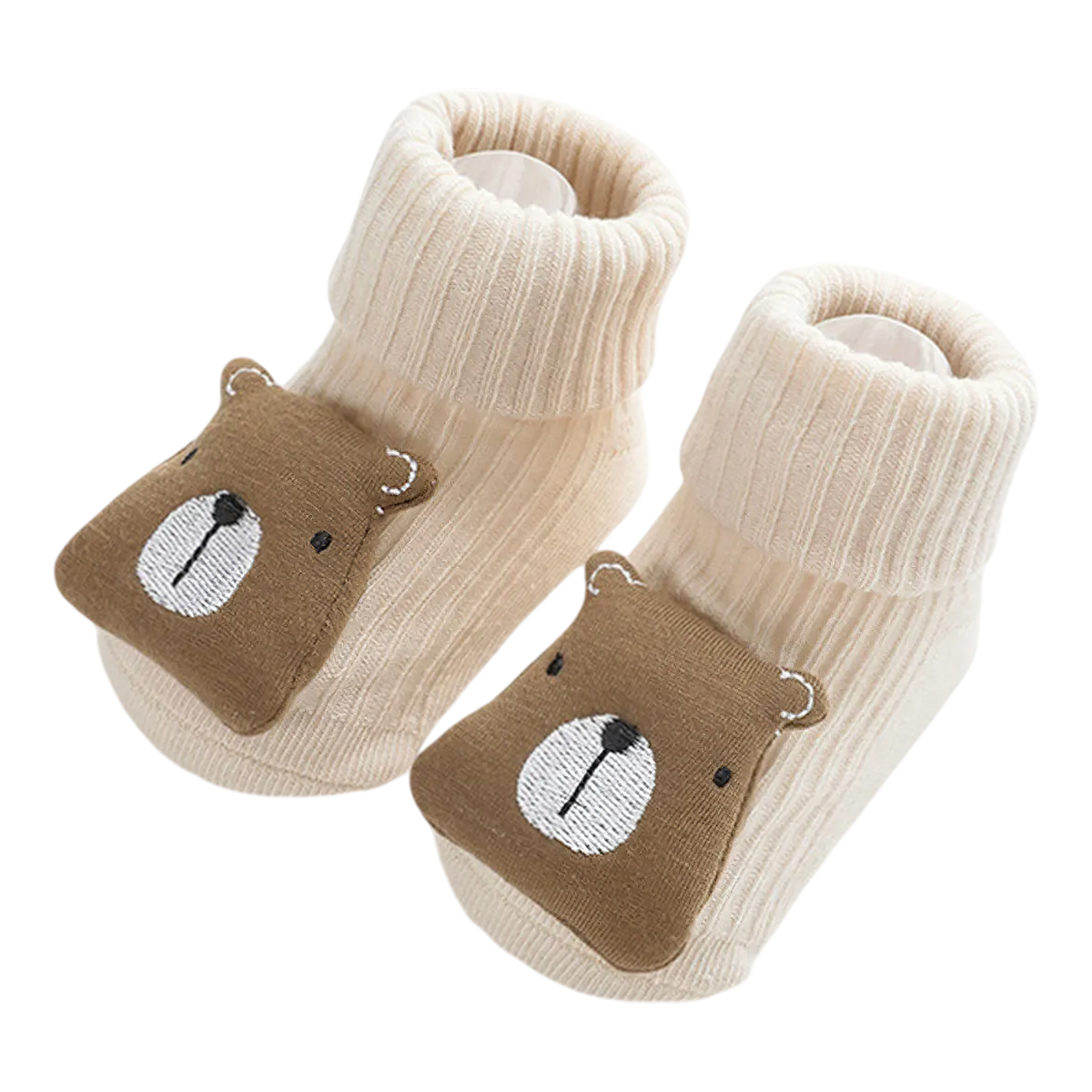 The Hello World diaper cake from Hello World features cream ribbed baby socks with brown bear faces, small ears and embroidered details - an ideal birth gift or unisex baby shower gift, pictured on a white background.
