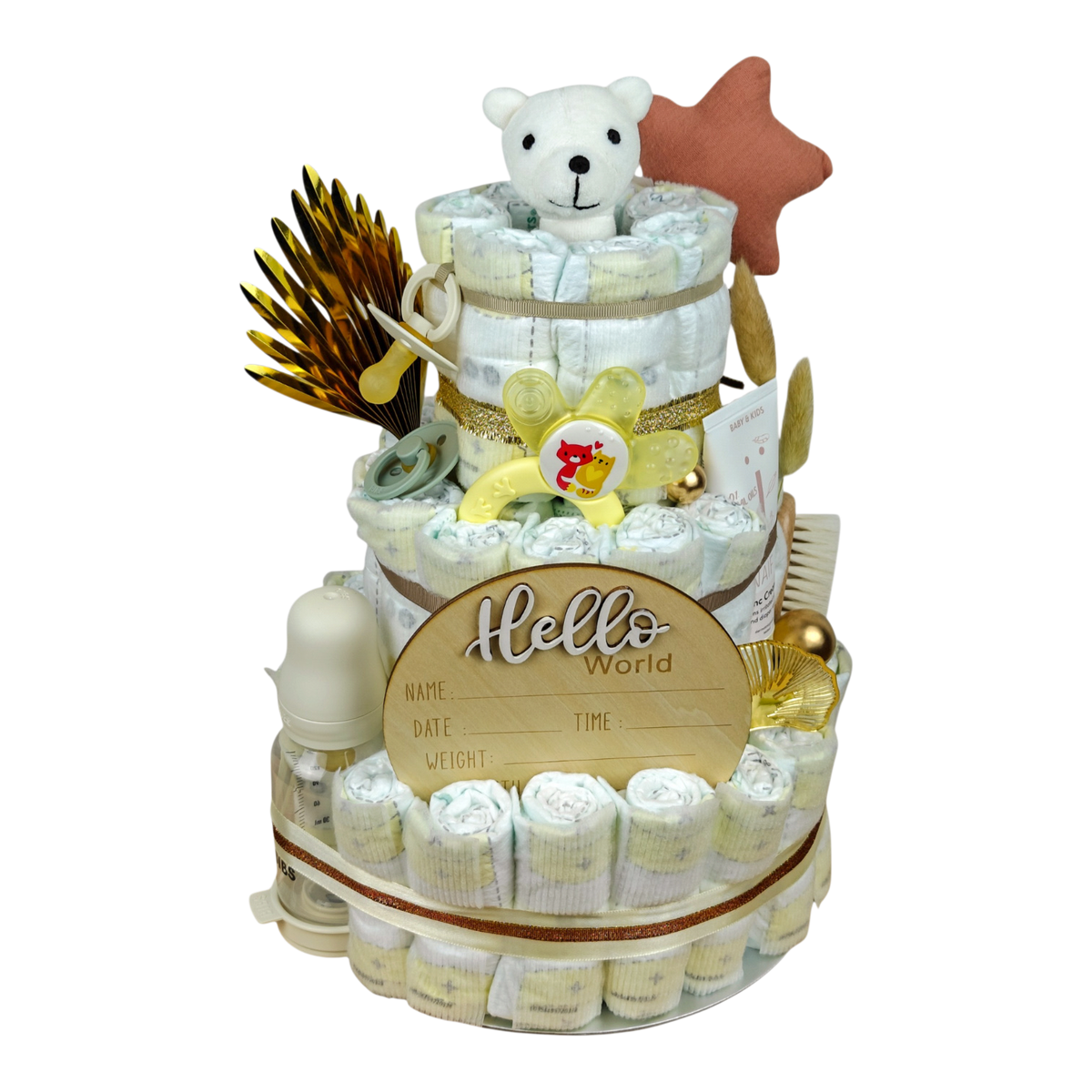 Windeltorte Hello World mit 60 Pampers, Bio Eisbär, BIBS Babyflasche, Schnuller, Kühlbeissring und NAÏF Windelcreme