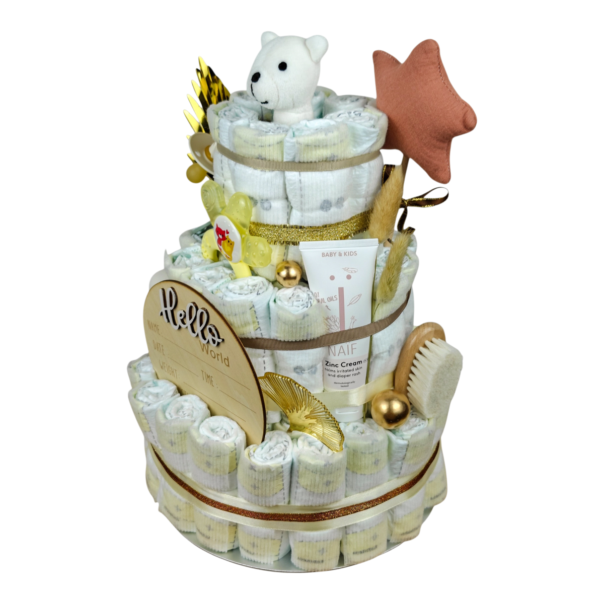 Windeltorte Hello World mit Bio Plüschtier Eisbär, NAÏF Windelcreme, Babybürste und 60 Pampers Windeln
