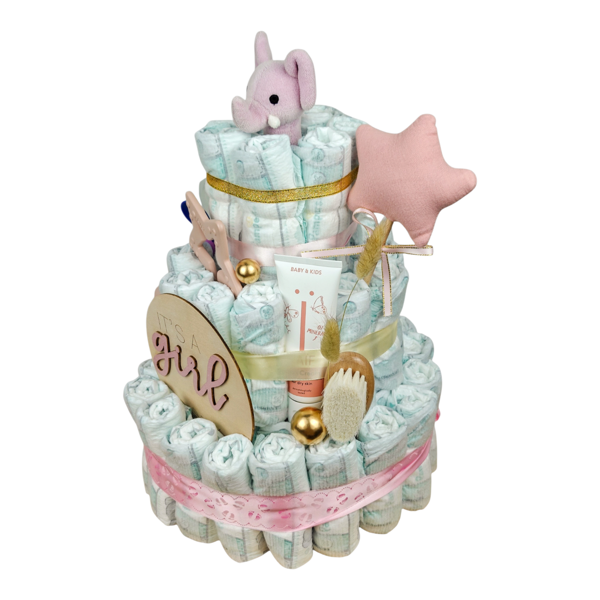 Vista dettagliata della torta di pannolini It's a Girl con 60 Pampers, crema NAÏF, spazzolino ed elefantino rosa