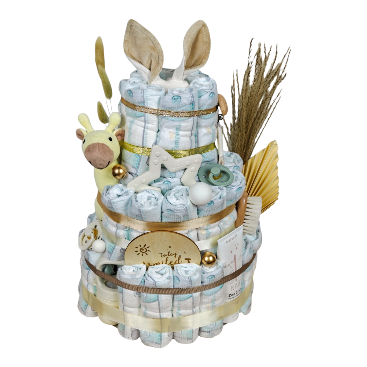 Windeltorte Joelle mit 60 Pampers, BIBS Kuscheltuch Känguru, Bio Babyrassel Giraffe, Schnullern, Fruchtsauger und NAÏF Windelcreme