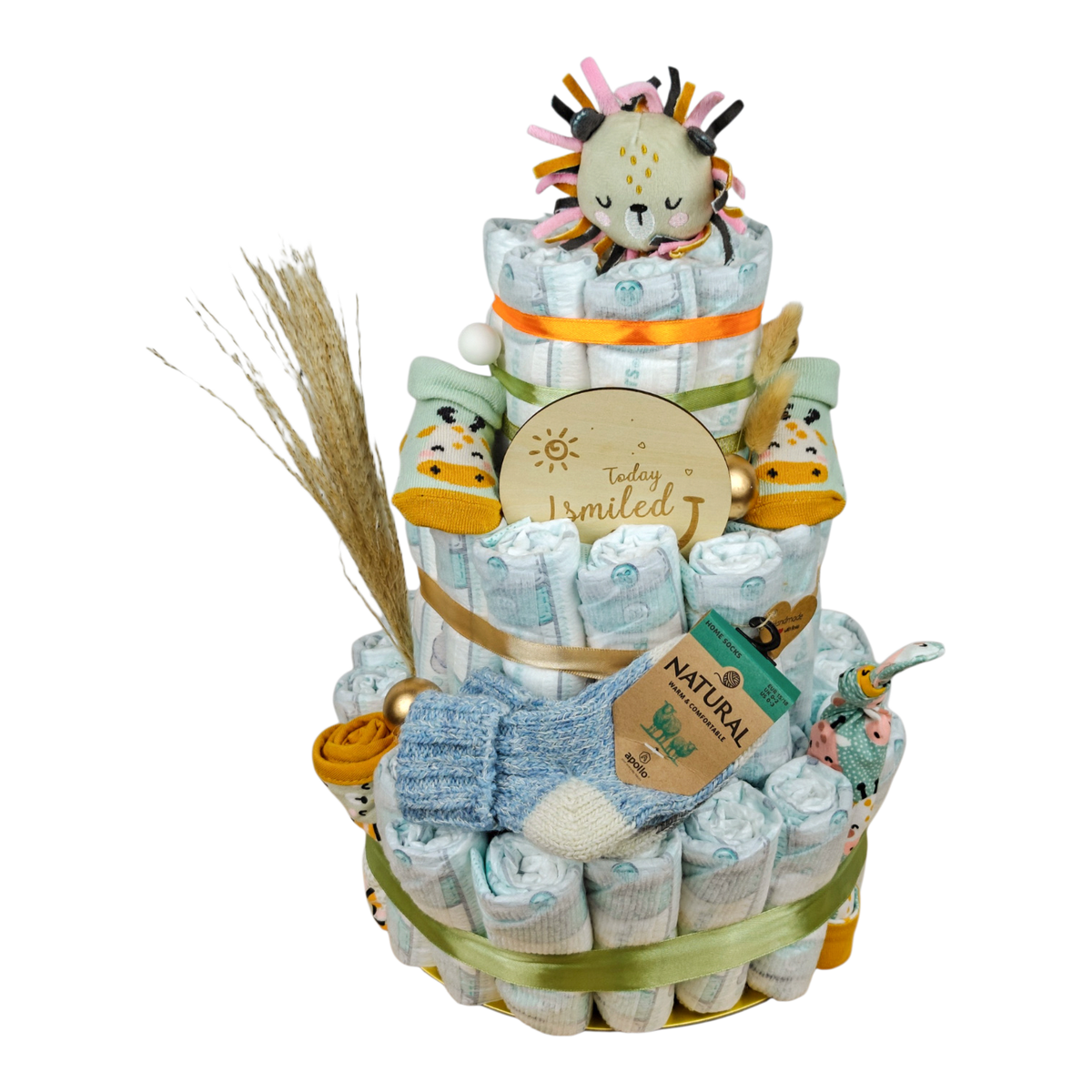 Windeltorte Leon mit 60 Pampers, Jungle Geschenkset, Löwe-Kuscheltuch, Babysocken und Wollsocken