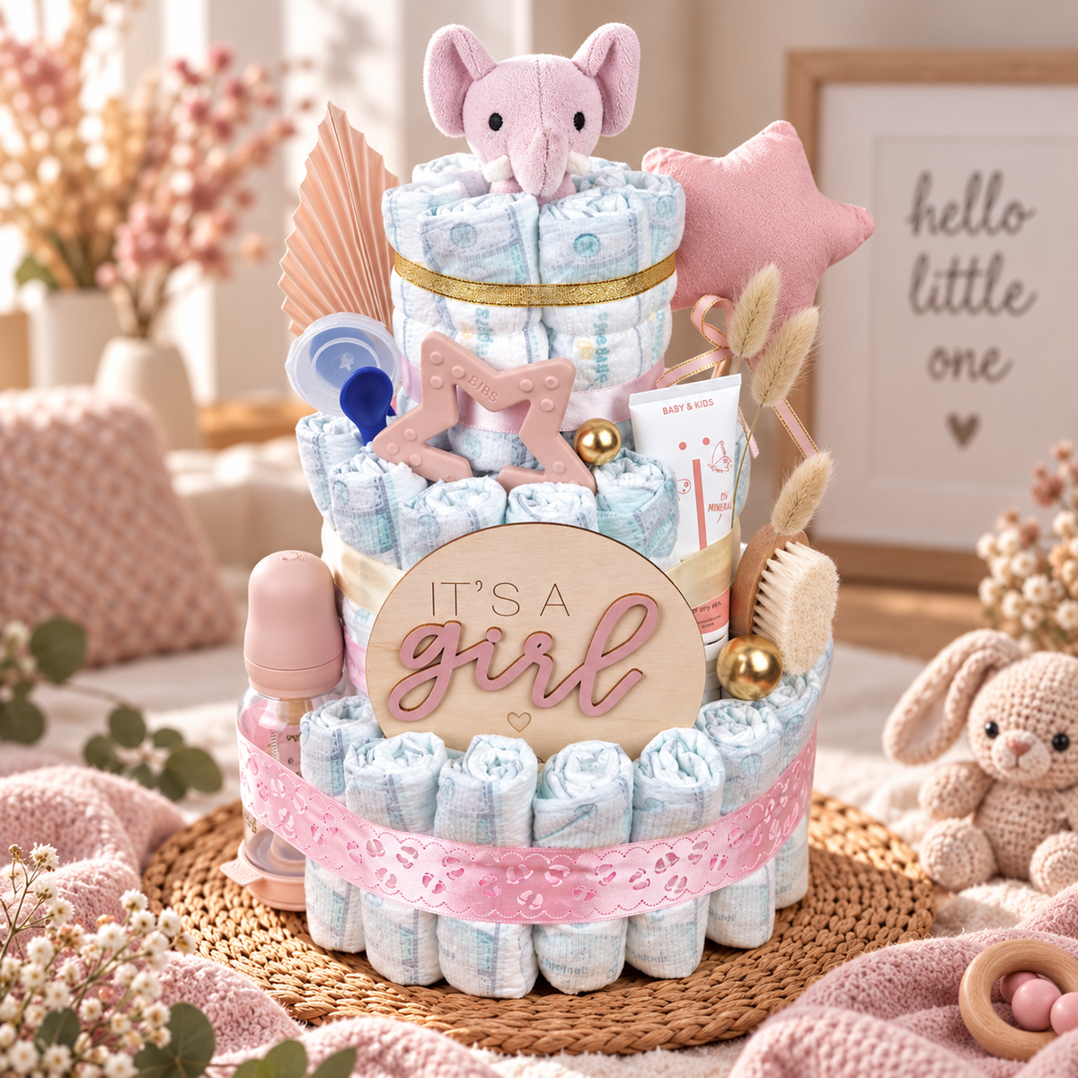 Torta di pannolini per bambine a tre piani in rosa con un elefante, anello da dentizione BIBS, biberon, prodotto per la cura e cartello in legno "È una ragazza".