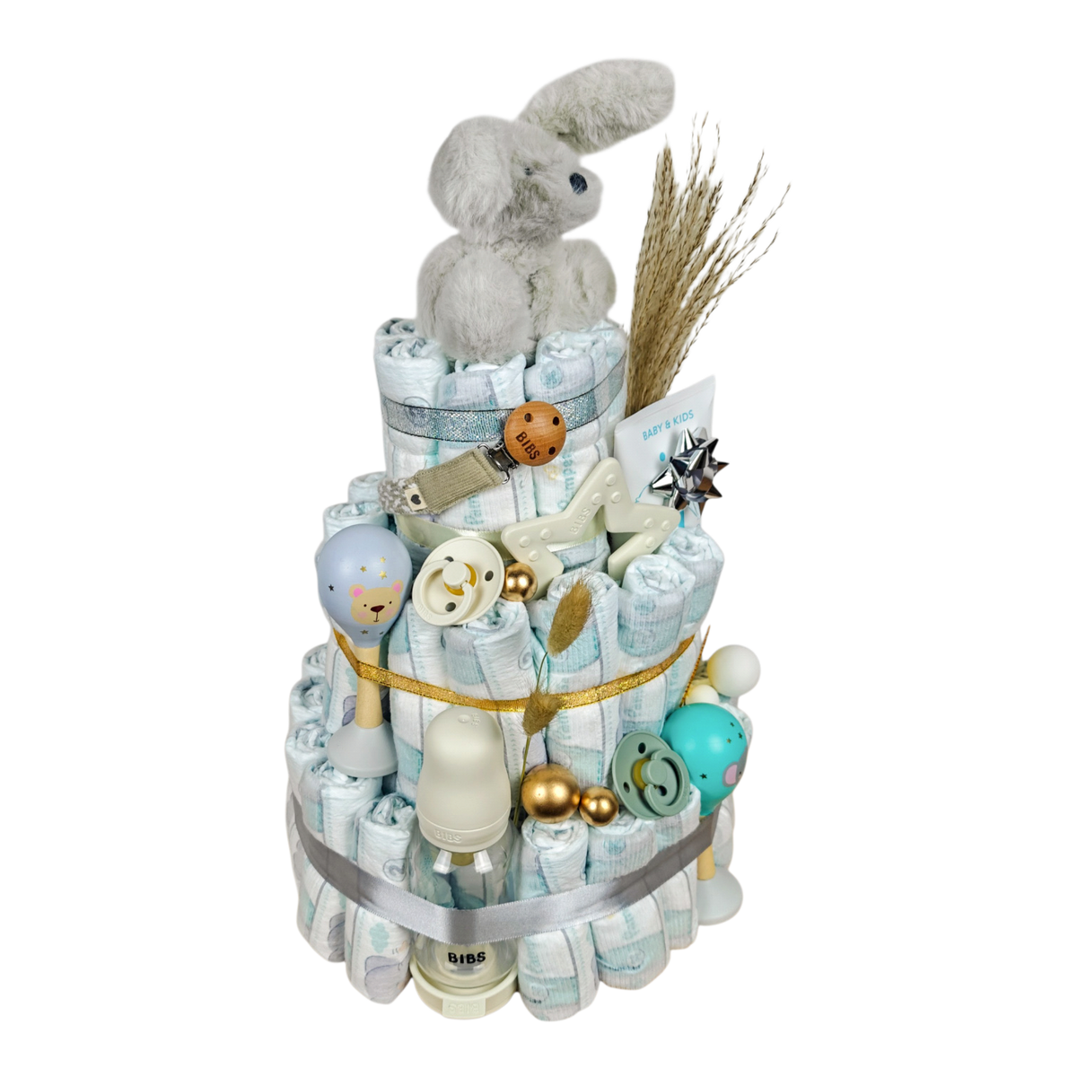 Diaper cake Robin further side view with BIBS baby bottle, pacifiers, teething ring and maracas