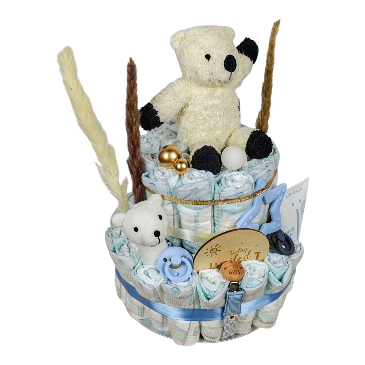Windeltorte Ruan mit Bio Eisbär, BIBS Schnullern, Schnullerkette, Beissring Stern und NAÏF Waschgel in Blau, Creme und Naturtönen