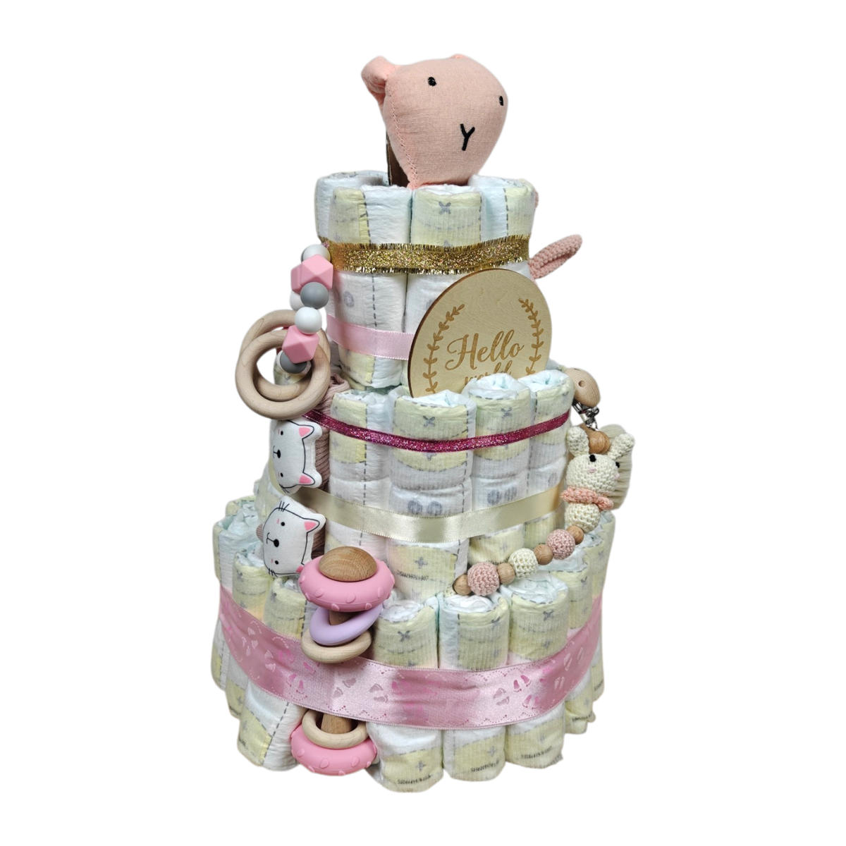 Diaper cake girl in pink with great accessories.
