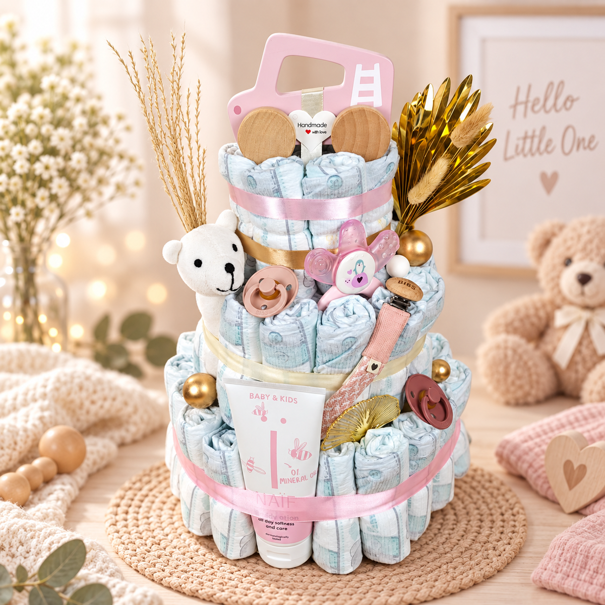 Rosa Windeltorte mit Pampers, BIBS Schnullern, Schnullerkette, Pflegeprodukt, Kuscheltier und Holzspielzeug als liebevolles Babygeschenk zur Geburt oder Babyparty.