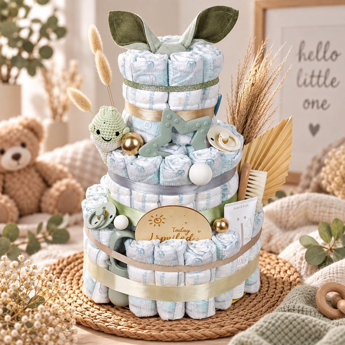 Dreistöckige Windeltorte in Salbeigrün mit BIBS Beissring, Schnullern, NAÏF Pflege und liebevollen Babyaccessoires als Geschenk zur Geburt.