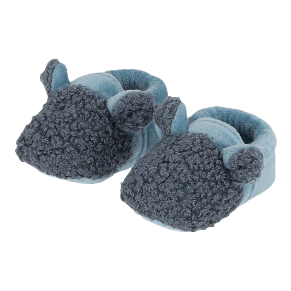 Paar weiche Babyschuhe von Apollo in Blau und Dunkelblau mit flauschiger Oberfläche