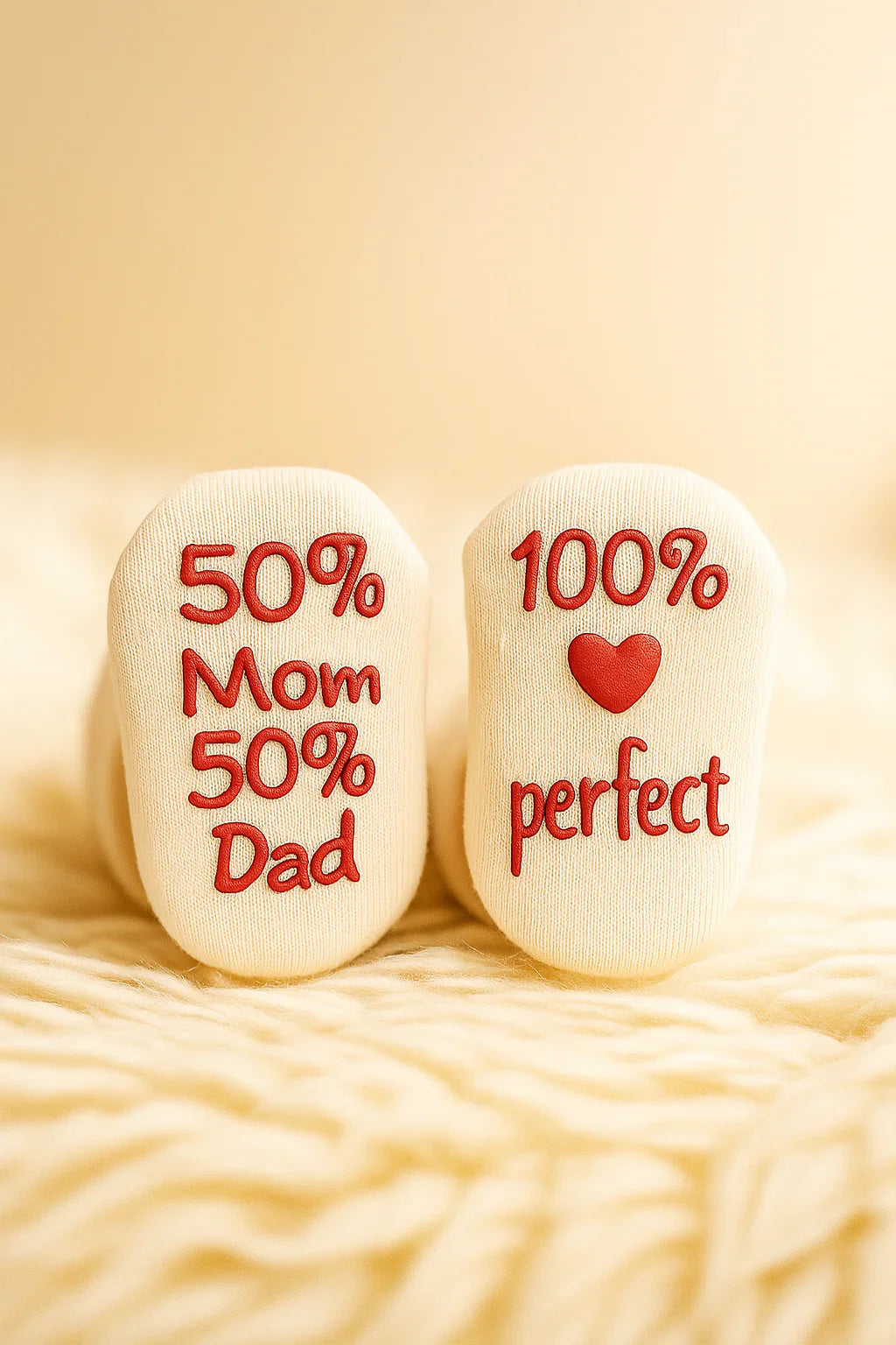 Zwei Babyschühchen mit rotem Text auf den Sohlen: auf dem einen steht 50% Mama 50% Papa, auf dem anderen 100% perfekt mit einem roten Herz, das auf einer weichen, cremefarbenen Decke ruht.