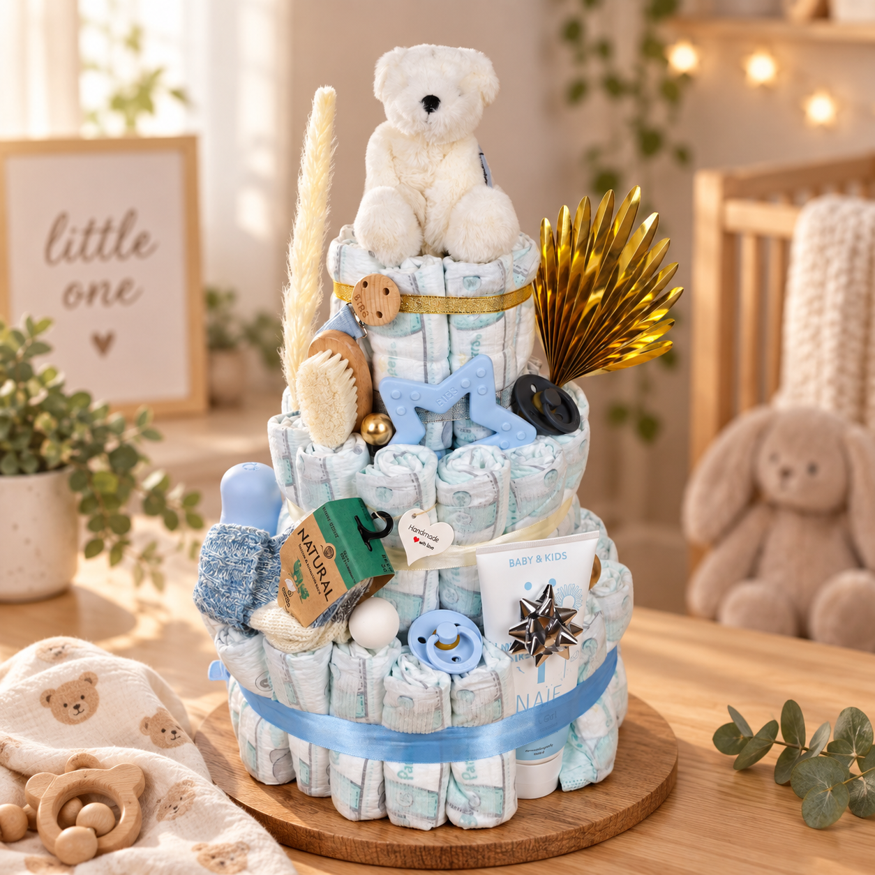 Windeltorte Milo als liebevoll gestaltetes Babygeschenk mit Kuschelbär, BIBS Zubehör, NAÏF Babypflege, Babysocken und dekorativen Details in Blau, Creme und Gold.