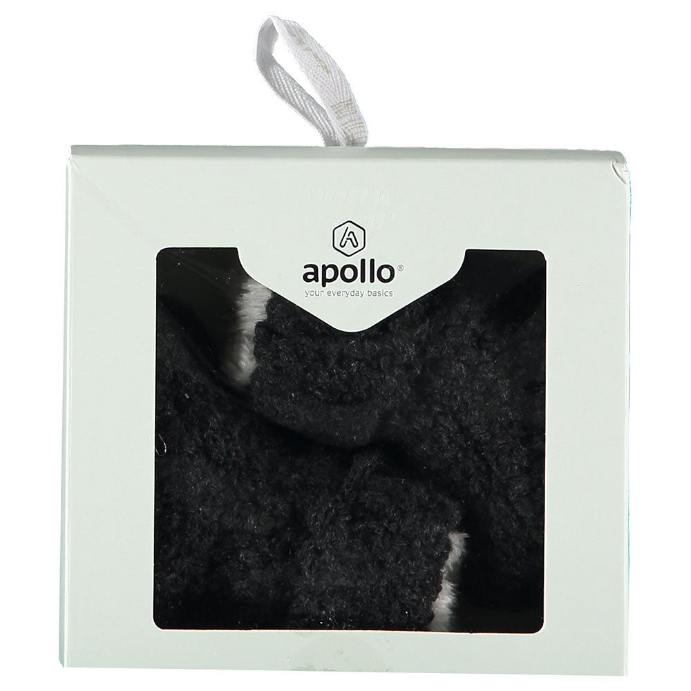 Gestrickte Babyschuhe in Anthrazit für Neugeborene in einer Apollo Geschenkbox mit Sichtfenster