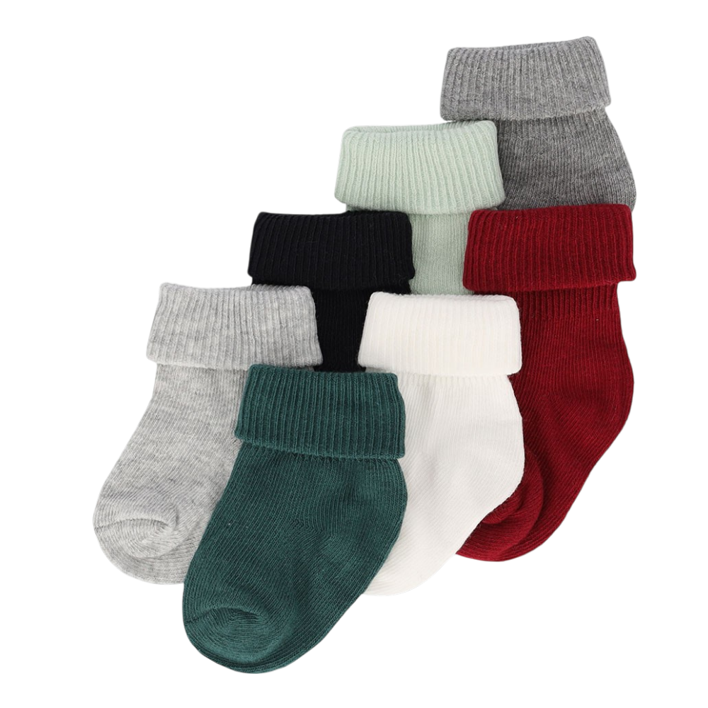 Sieben Babysocken von Apollo in Dunkelgrün, Mint, Grau, Weiss, Schwarz und Rot