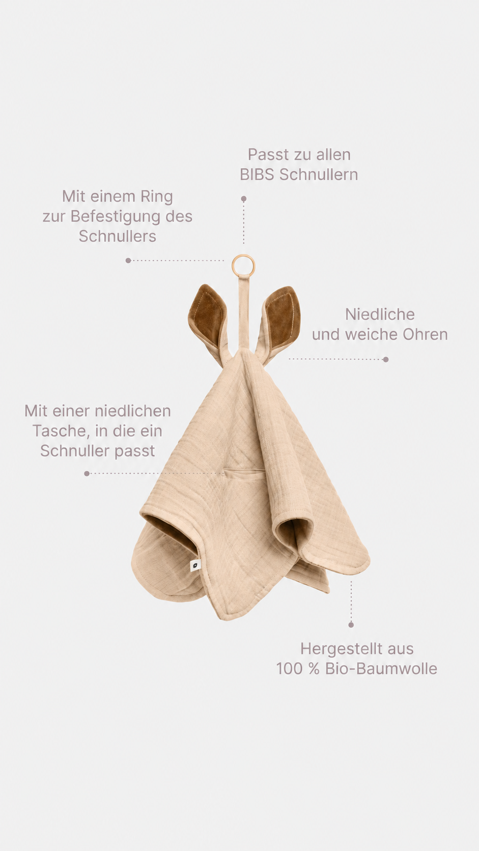 Infografica sulla morbida coperta a canguro BIBS color crema con anello per attaccare il ciuccio, tasca per ciuccio, orecchie morbide e 100% cotone biologico.