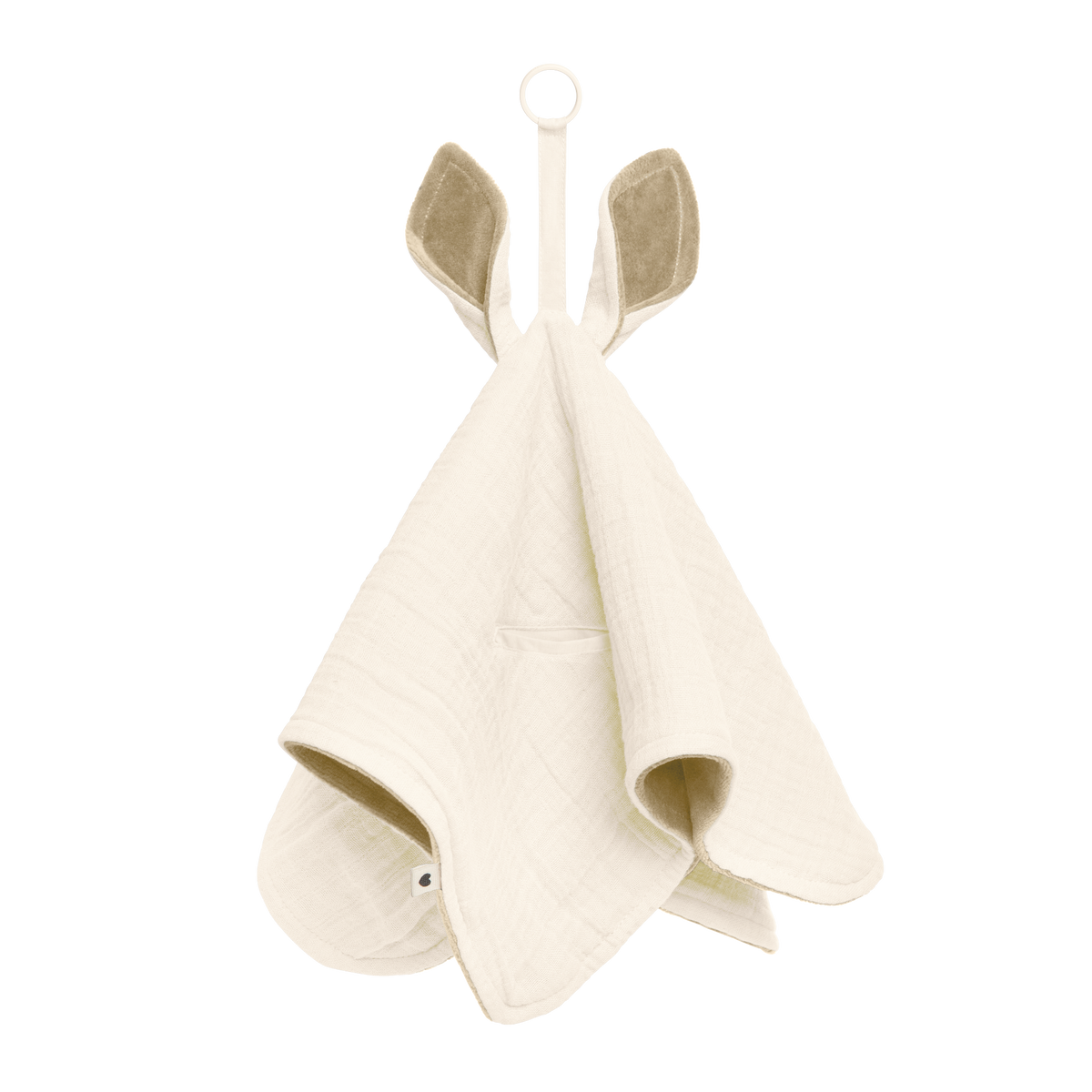 BIBS Kuscheltuch Känguru in Creme aus 100 % Bio-Baumwolle mit weichen Ohren, Schnuller-Tasche und Befestigungsring.