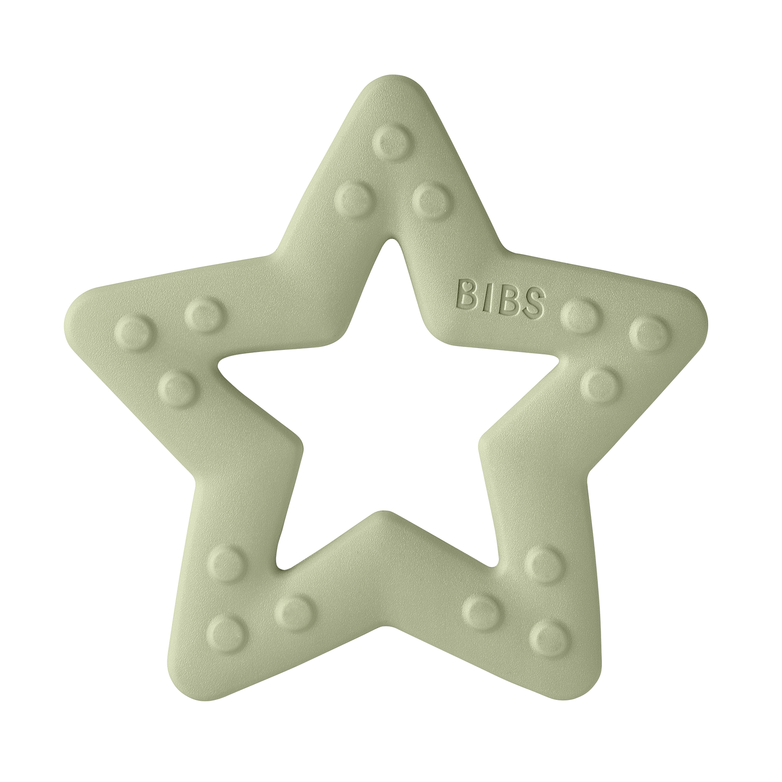 Sage green star teether with a textured surface and open gripping shape for babies
