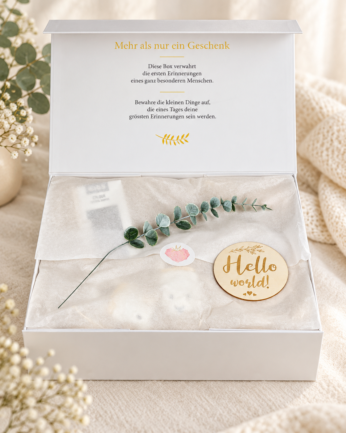 Opened cream-white magnetic box with tissue paper, eucalyptus branch, wooden sign “Hello world!” and printed inner lid for special baby gifts.