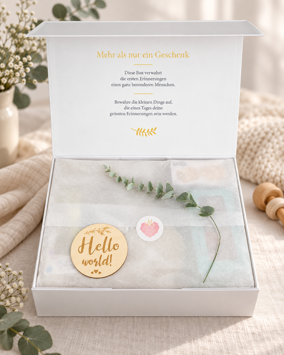 Geöffnete Baby Geschenkbox mit Seidenpapier, Eukalyptus und Holzanhänger Hello world vor hellem, stilvollem Hintergrund