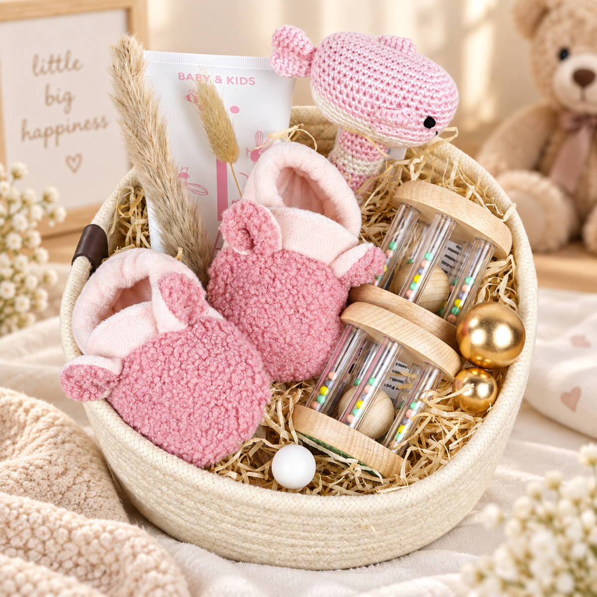 Lovingly put together baby gift basket in pink with baby shoes, crocheted rattle, wooden rattles and baby care - birth gift for girls.