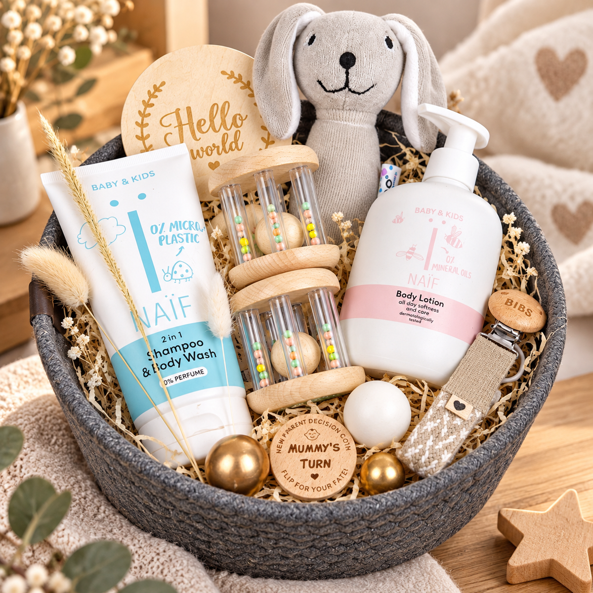 Liebevoll zusammengestellter Baby Geschenkkorb mit grauem Kuschelhasen, NAÏF Babypflege, Holzrassel, BIBS Schnullerkette und dekorativen Naturdetails – Geschenk zur Geburt.