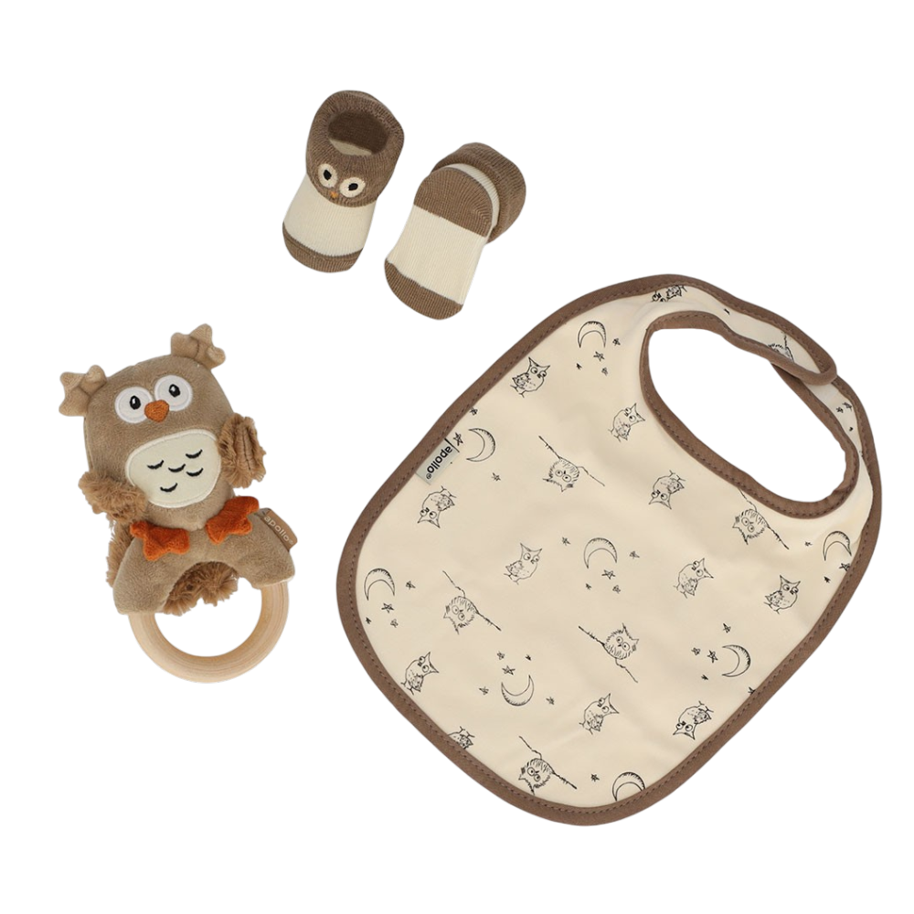 Coffret cadeau bébé comprenant un hochet hibou, un bavoir et des chaussettes bébé en beige et marron