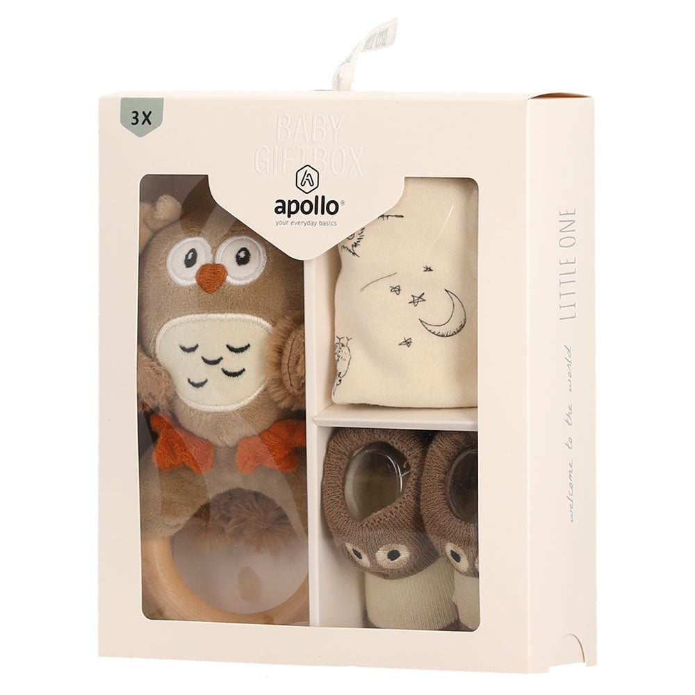 Apollo Baby Geschenkset Eule in dekorativer Geschenkbox mit Sichtfenster