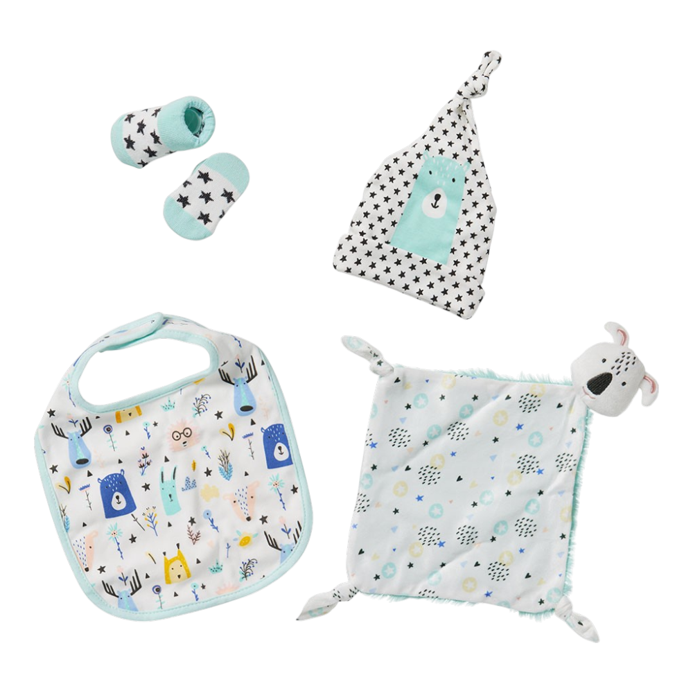 Coffret cadeau bébé 4 pièces Forêt avec bavoir, bonnet, chaussettes bébé et couverture câline