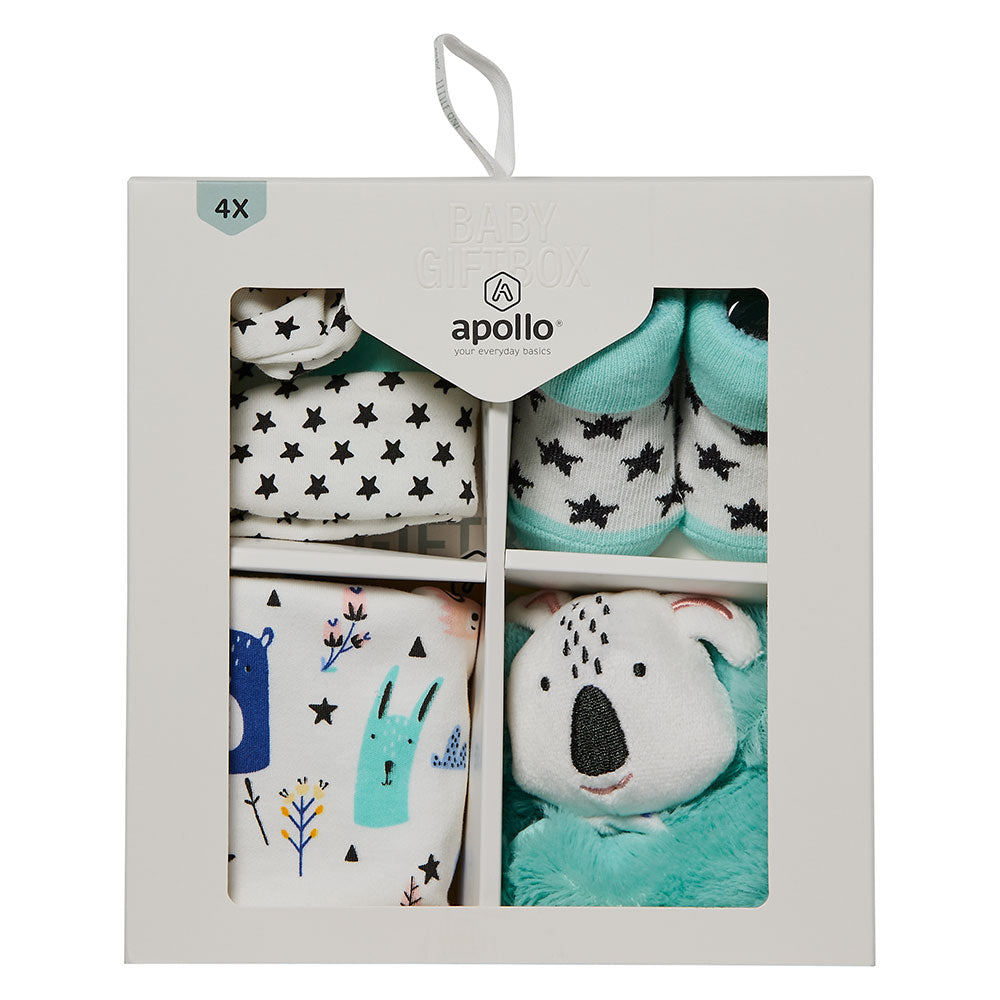 Coffret cadeau bébé Forêt avec quatre articles pour bébé dans un coffret cadeau