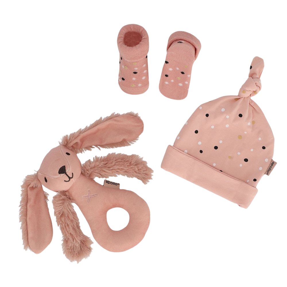 Coffret cadeau bébé 3 pièces lapin rose avec chapeau, chaussettes bébé et hochet lapin