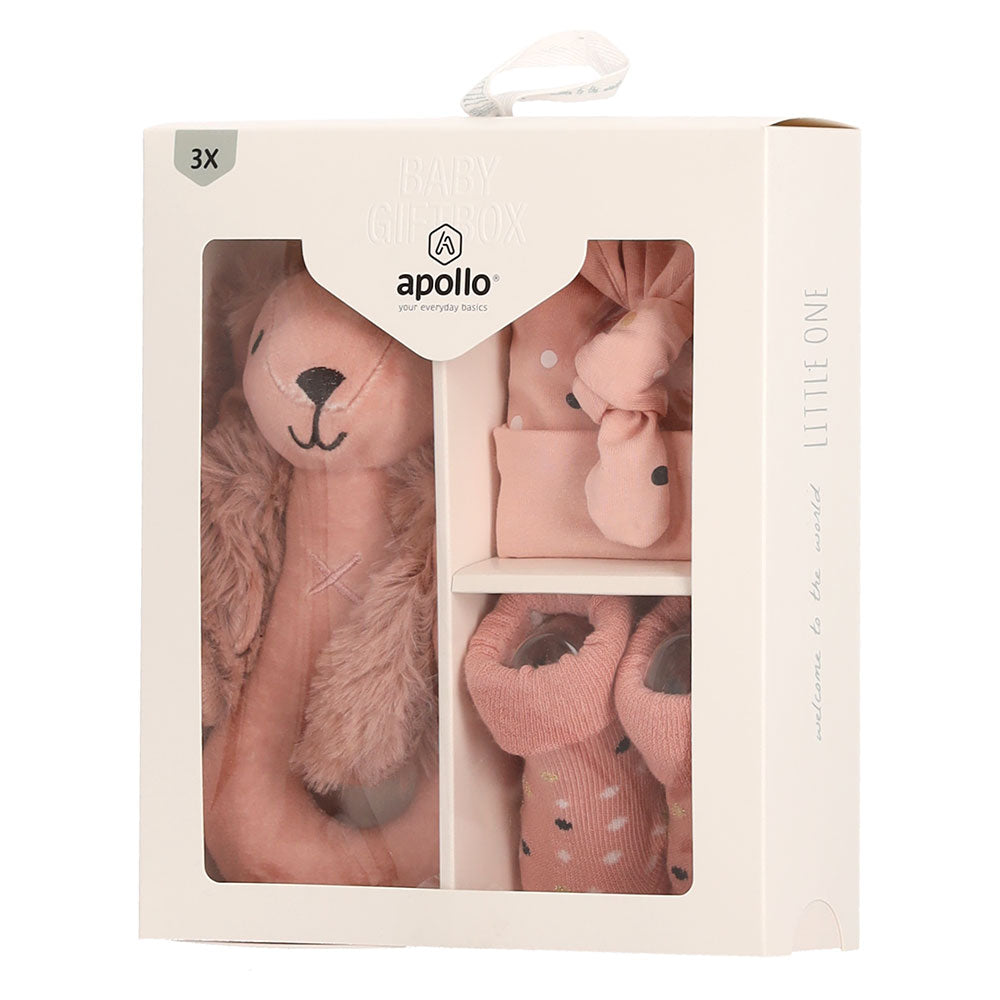 Coffret cadeau bébé 3 pièces lapin rose prêt à être emballé dans une boîte cadeau