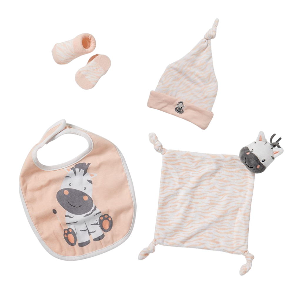 4-piece baby gift set zebra with bib, hat, baby socks and comfort blanket