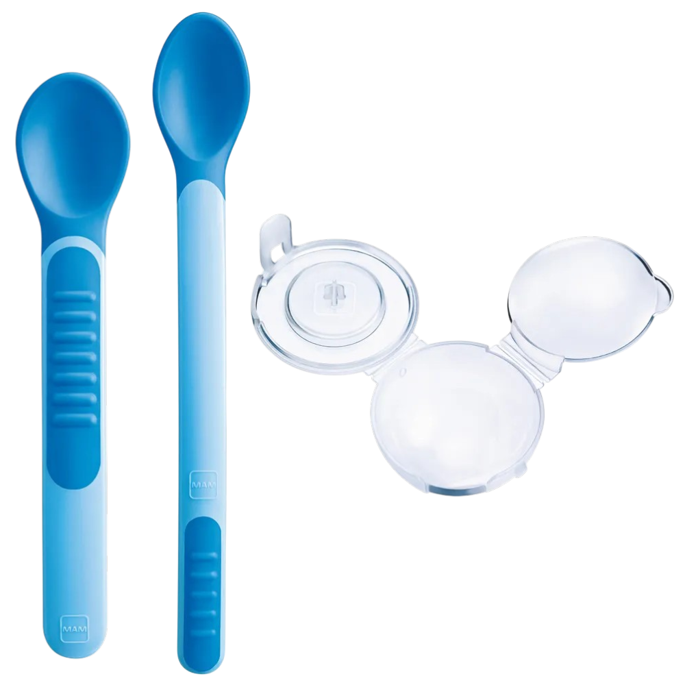Baby learning spoon set blue with heat indicator and hygienic protective cover for introducing complementary foods from 6 months