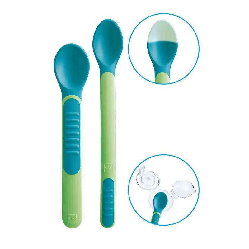 Baby learning spoon set green with heat indicator, non-slip handle and hygienic protective cover for on the go