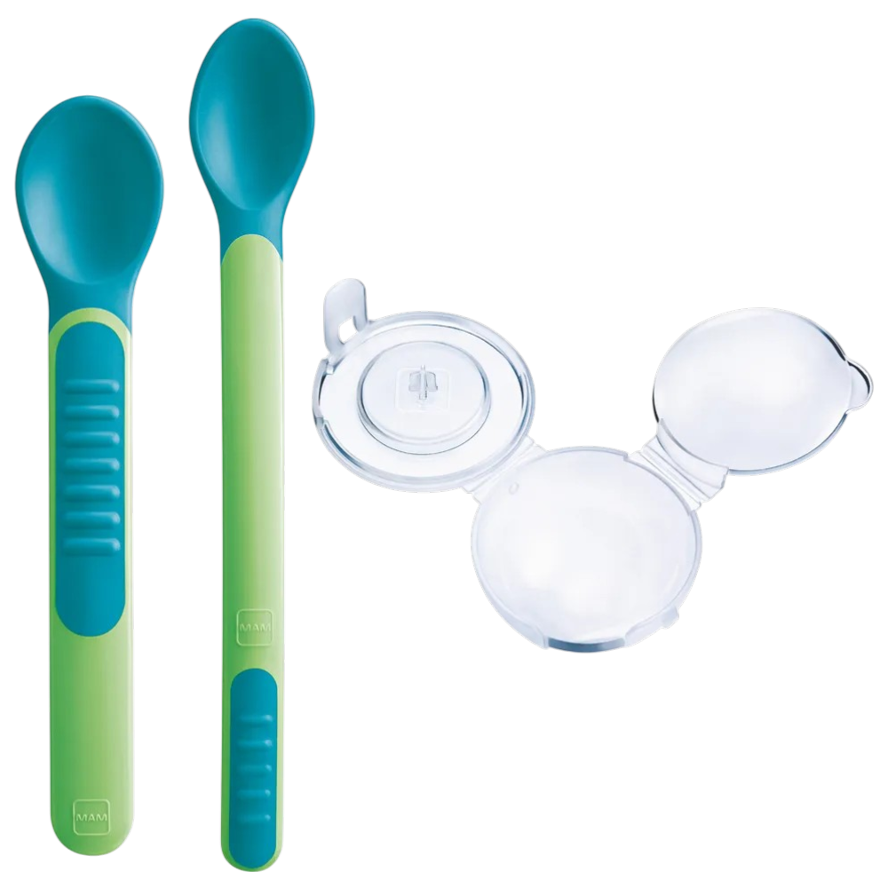 Baby learning spoon set green with heat indicator and hygienic protective cover for babies from 6 months