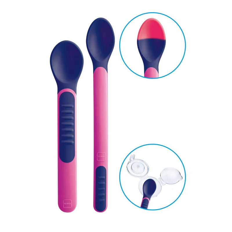 Baby learning spoon set pink with heat indicator, non-slip handle and hygienic protective cover for on the go