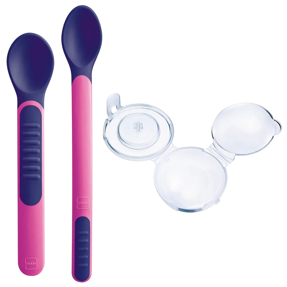 Baby learning spoon set pink with heat indicator and hygienic protective cover for introducing complementary foods from 6 months