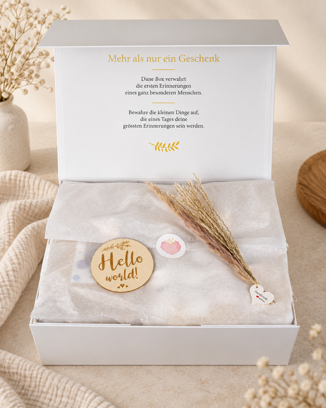 Baby Premium Geschenkbox mit Erinnerungsaufdruck im Deckel, Seidenpapier, Holzschild „Hello world“ und Trockenblumen.