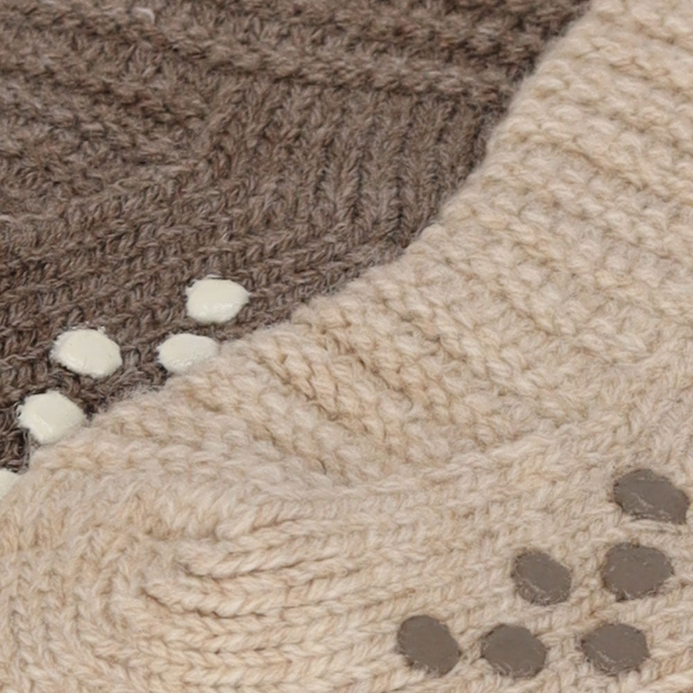 Nahaufnahme der Strickstruktur und rutschhemmenden Noppen der Babysocken