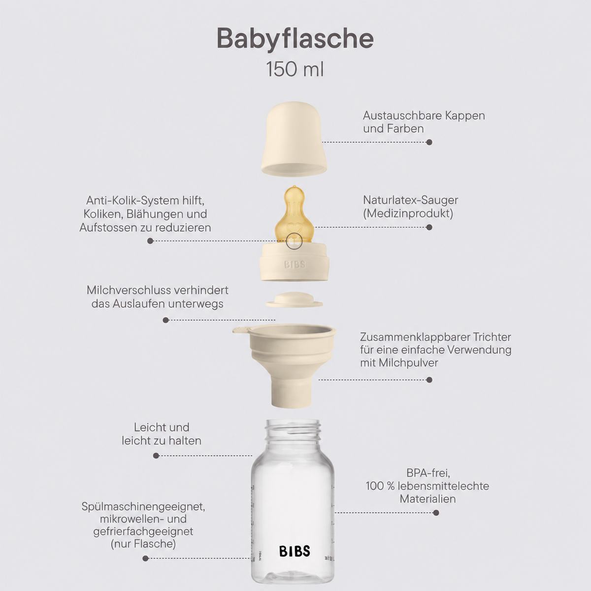 Biberon crema 150 ml con valvola anticolica, tettarella in lattice naturale, imbuto pieghevole e materiali BPA free